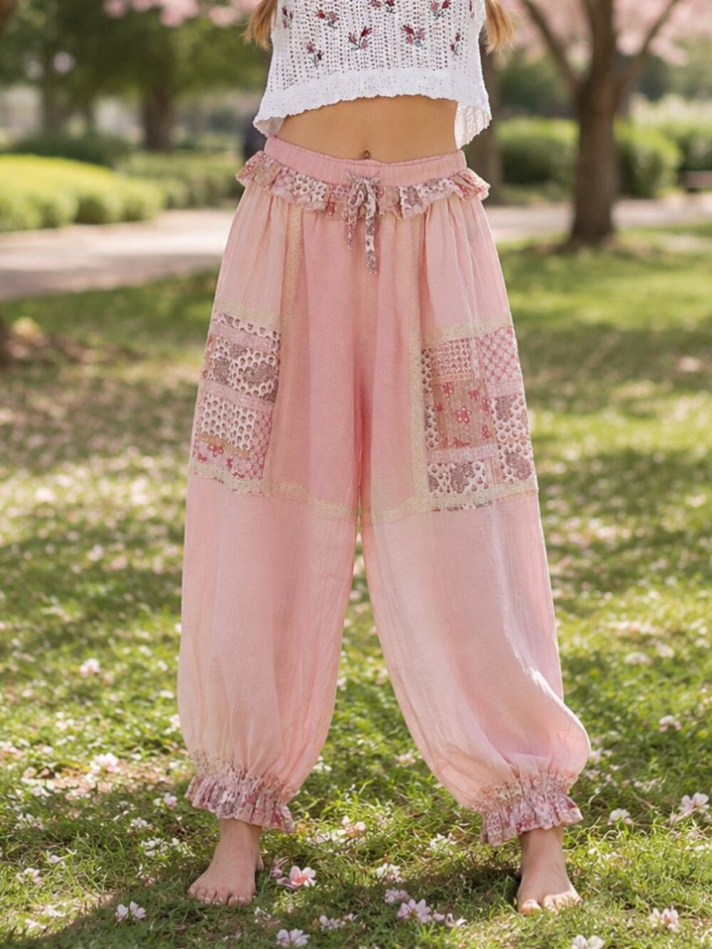 POL Ruffle Accent Puffy Wide Leg Gauze Floral Drawstring Paper Bag Waist Pants